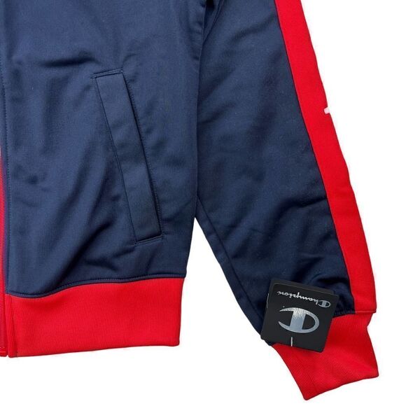 New Champion Men Navy Blue Full Zip Jacket Sport Athletic Red Cuffs Logo US XS - Picture 6 of 12